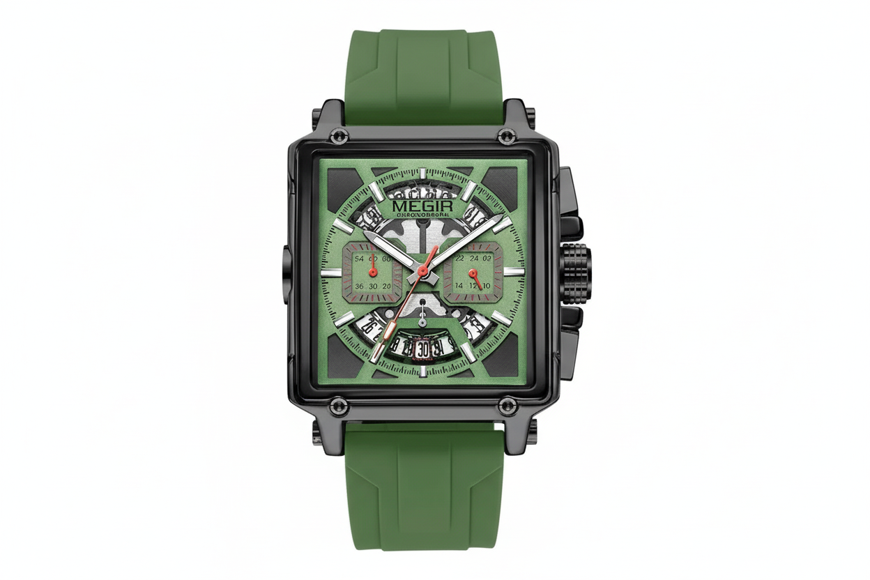 MEGIR 2233 Quartz Chronograph Watch Square Case Waterproof with green dial