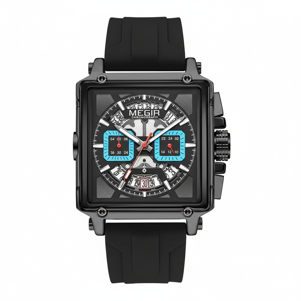 MEGIR 2233 chronograph square case watch with black dial and black silicone strap front view