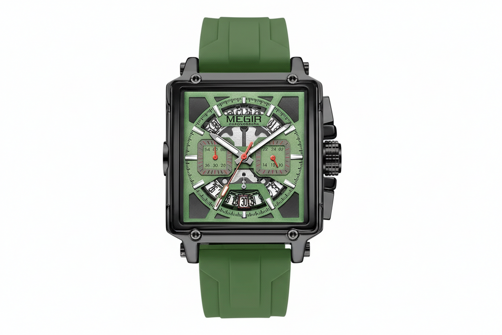 MEGIR 2233 chronograph square case watch with green dial and green silicone strap front view