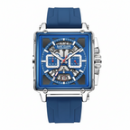 MEGIR 2233 square chronograph watch with blue dial and silver case, front view