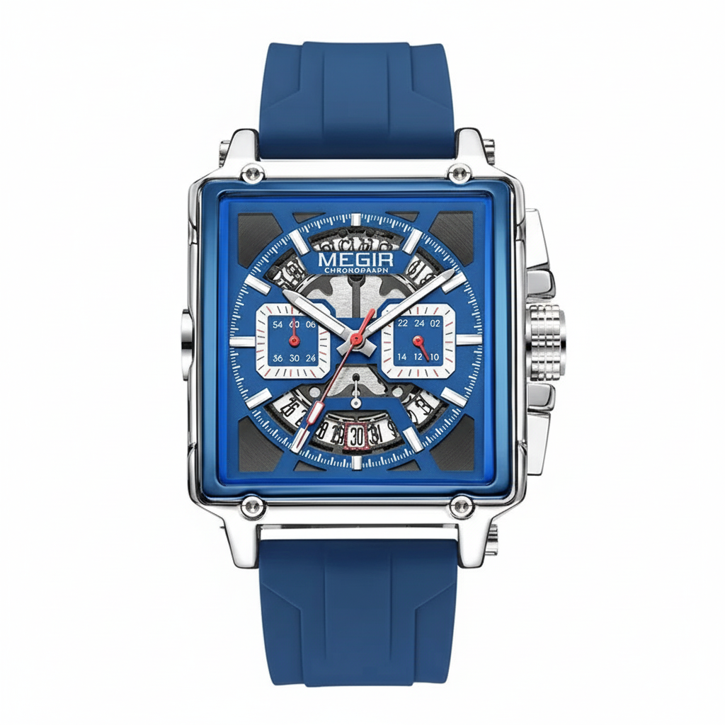 MEGIR 2233 square chronograph watch with blue dial and silver case, front view