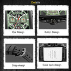 MEGIR 2233 square chronograph watch detail panels showing dial button strap and caseback
