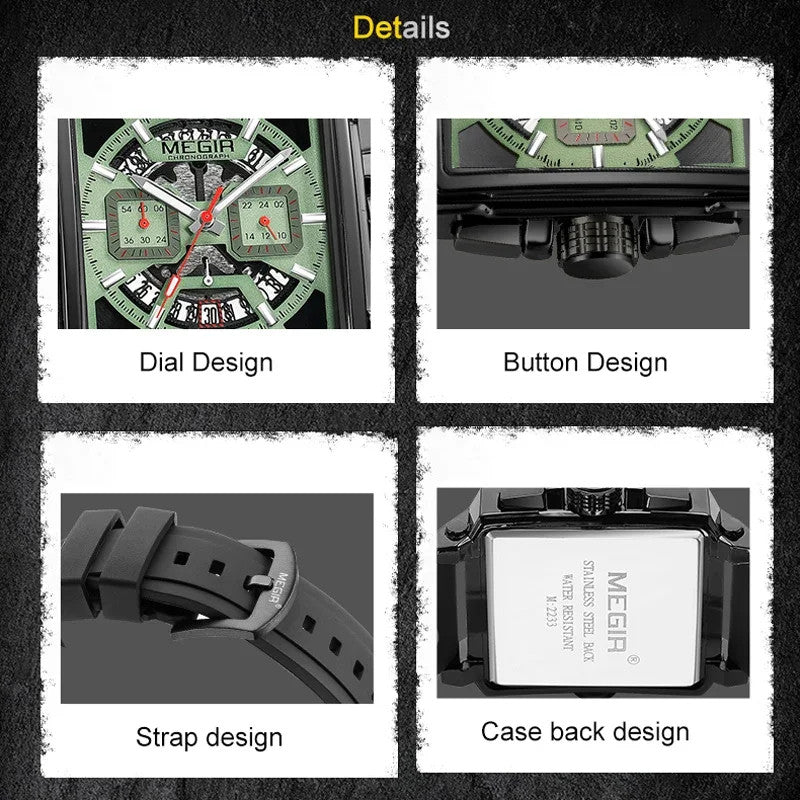 MEGIR 2233 square chronograph watch detail panels showing dial button strap and caseback