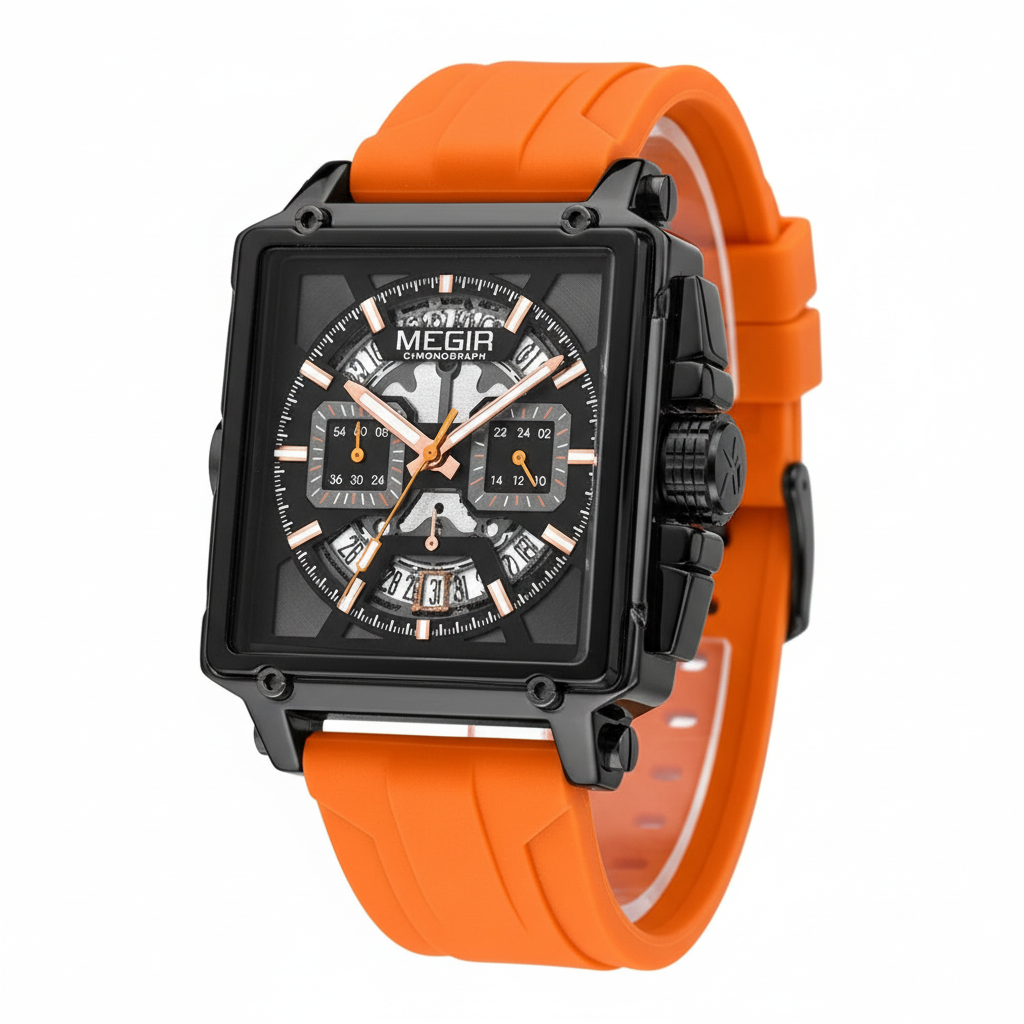 MEGIR 2233 square chronograph watch with black dial and orange silicone strap, side angle