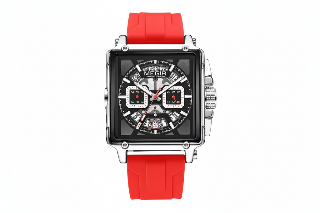 MEGIR 2233 square chronograph watch with black dial and red silicone strap, front view