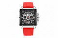 MEGIR 2233 square chronograph watch with black dial and red silicone strap, front view