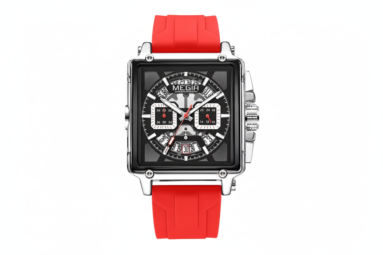 MEGIR 2233 square chronograph watch with black dial and red silicone strap, front view
