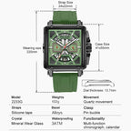 MEGIR 2233 square chronograph watch specifications graphic with case and strap dimensions