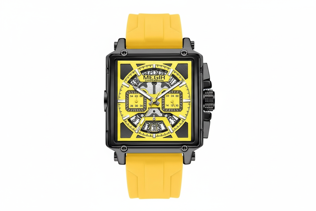 MEGIR 2233 square chronograph watch with yellow dial and black case, front view