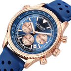 MEGIR 2236 men's chronograph watch, rose-gold case with blue dial, sub-dials and blue silicone strap, angled view