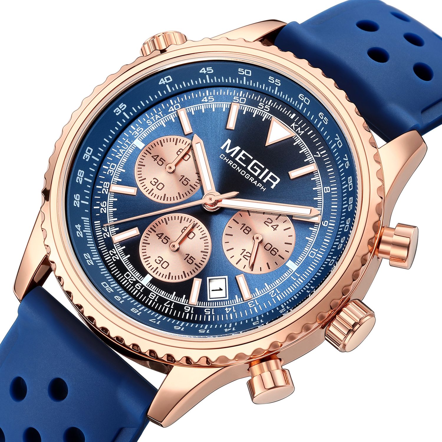 MEGIR 2236 men's chronograph watch, rose-gold case with blue dial, sub-dials and blue silicone strap, angled view