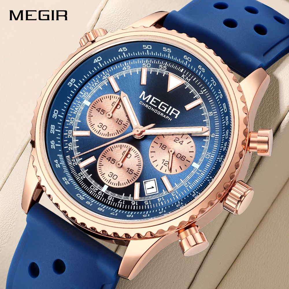 MEGIR 2236 men's chronograph watch, rose-gold case with blue dial, sub-dials and blue silicone strap, front view