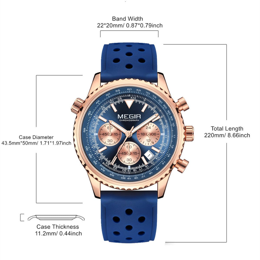 MEGIR 2236 men's chronograph watch parameters graphic with case diameter, thickness and band dimensions
