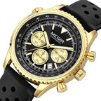 MEGIR 2236 men's chronograph watch, gold-tone case with black dial, sub-dials and black silicone strap, angled view