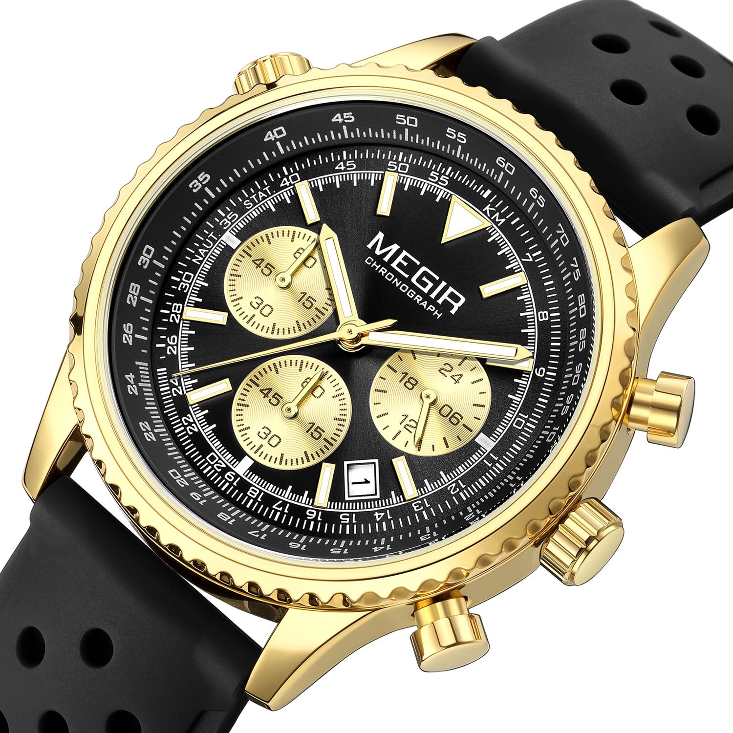 MEGIR 2236 men's chronograph watch, gold-tone case with black dial, sub-dials and black silicone strap, angled view