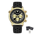 MEGIR 2236 men's chronograph watch, gold-tone case with black dial, sub-dials and black silicone strap, with gift box