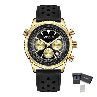 MEGIR 2236 men's chronograph watch, gold-tone case with black dial, sub-dials and black silicone strap, with gift box