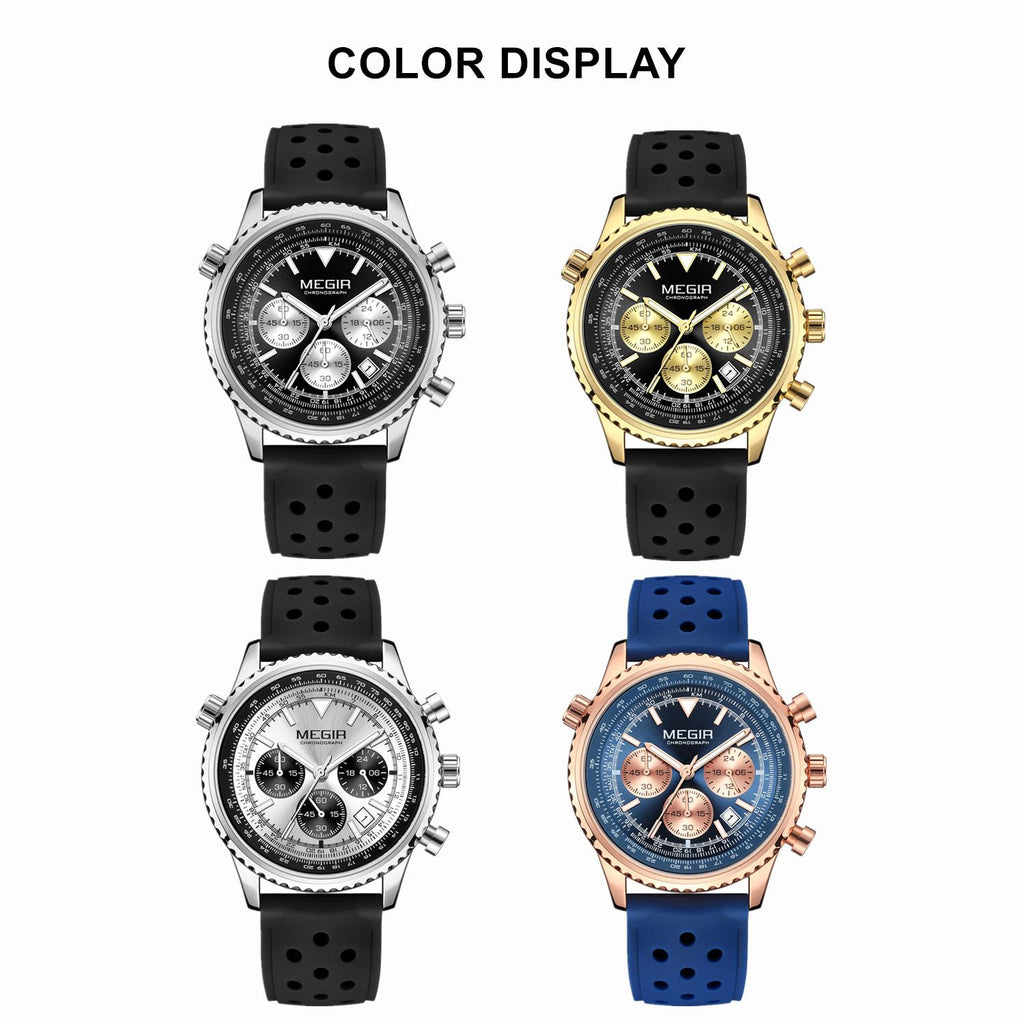 MEGIR 2236 men's chronograph watch color display showing silver, gold, white-silver and rose-gold blue dials