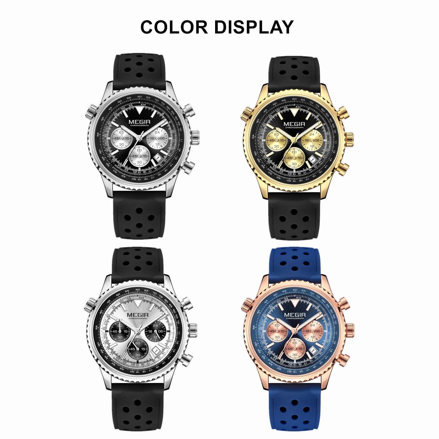 MEGIR 2236 men's chronograph watch color display showing silver, gold, white-silver and rose-gold blue dials