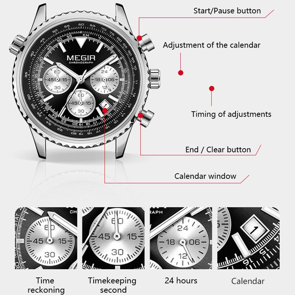 MEGIR 2236 men's chronograph watch feature graphic explaining the chronograph buttons, sub-dials and calendar window