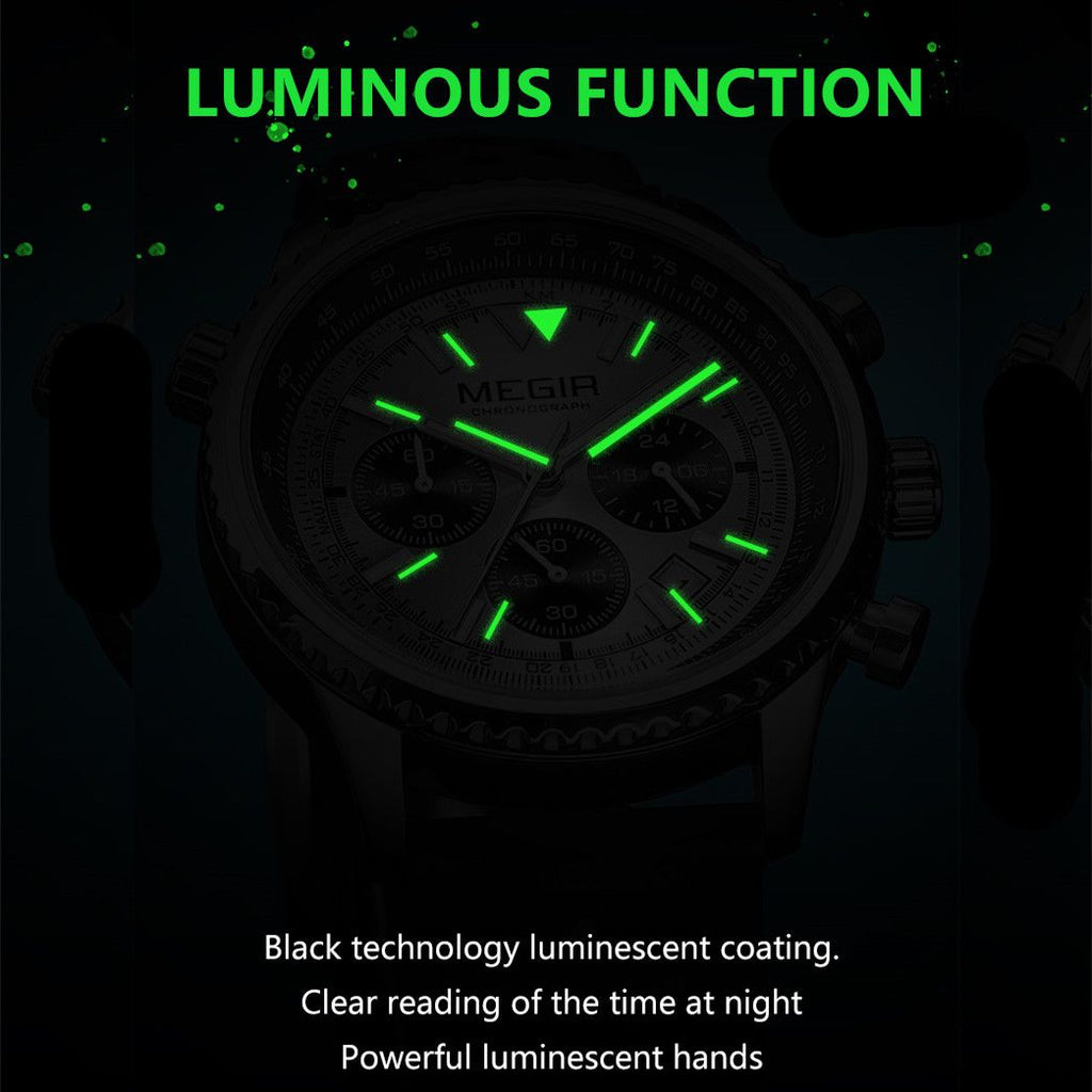MEGIR 2236 men's chronograph watch feature graphic showing luminous hands and markers glowing in the dark