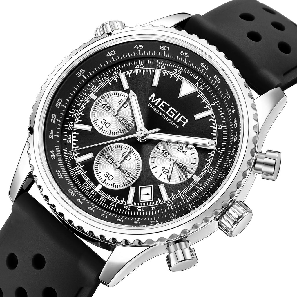 MEGIR 2236 men's chronograph watch, silver case with black dial, sub-dials and black silicone strap, angled view