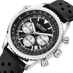 MEGIR 2236 men's chronograph watch, silver case with black dial, sub-dials and black silicone strap, angled view