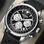 MEGIR 2236 men's chronograph watch, silver case with black dial, sub-dials and black silicone strap, front view