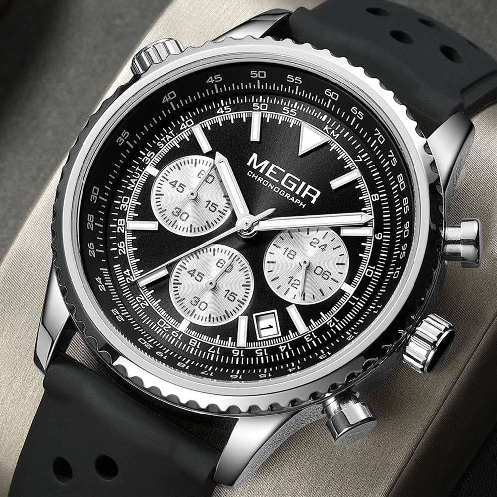 MEGIR 2236 men's chronograph watch, silver case with black dial, sub-dials and black silicone strap, front view