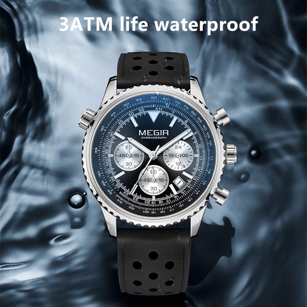 MEGIR 2236 men's chronograph watch water-resistance graphic, silver case with blue-black dial and black strap