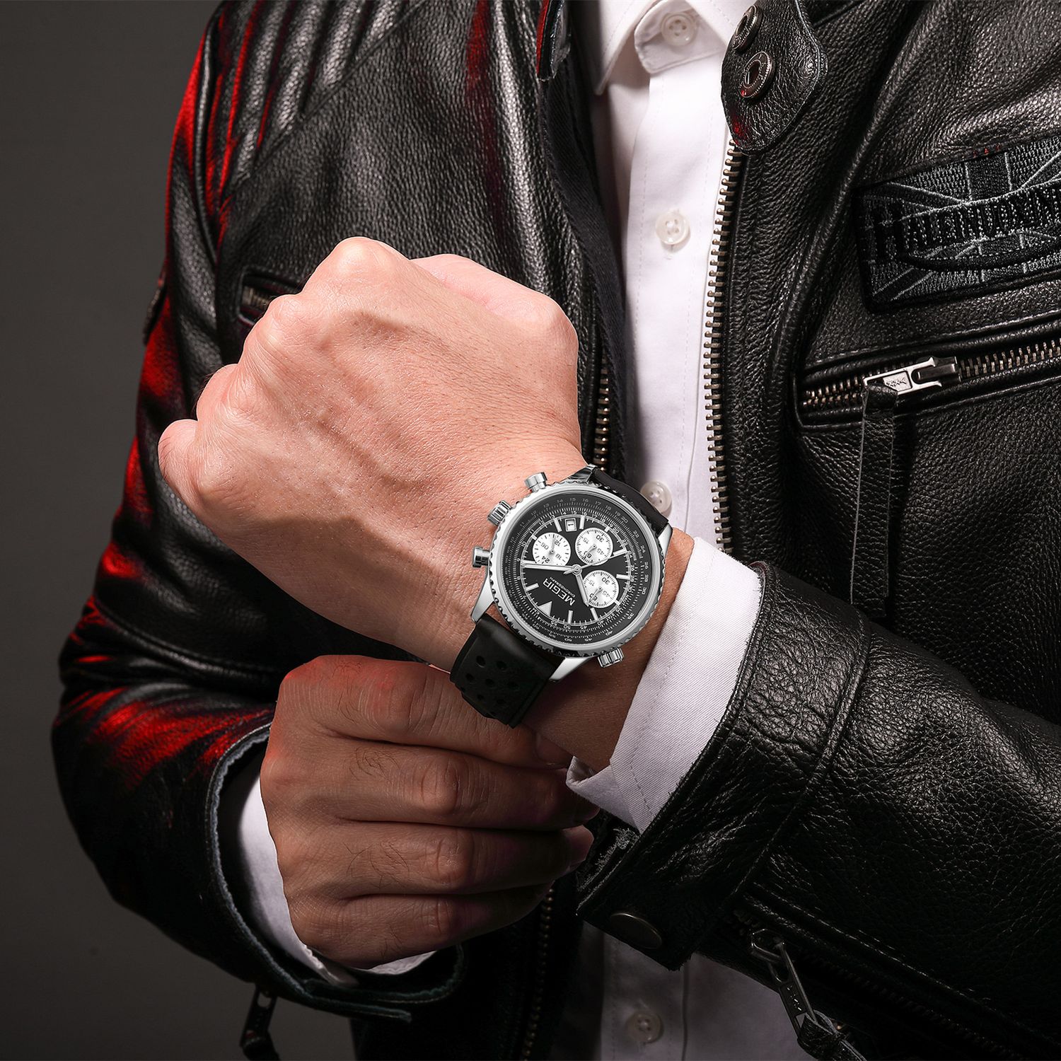 MEGIR 2236 men's chronograph watch on the wrist, silver case with black dial and black silicone strap