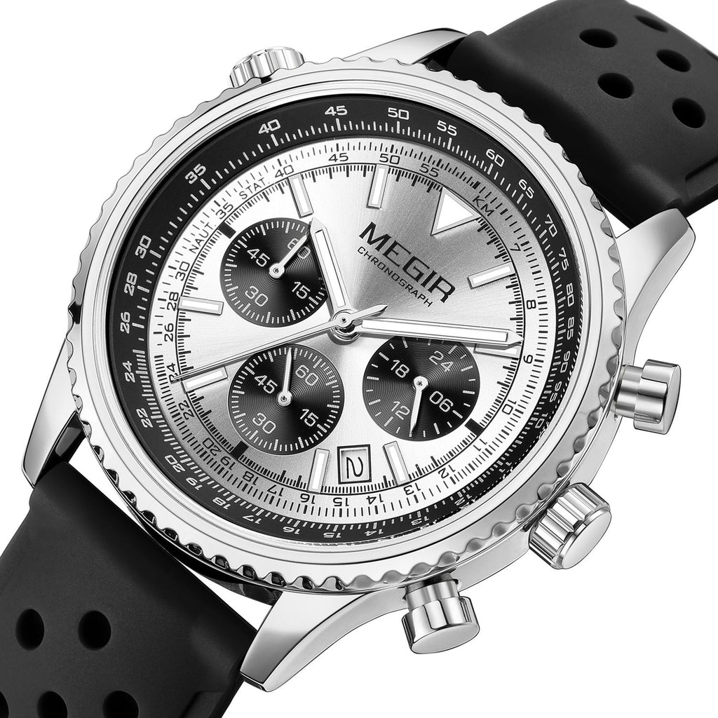 MEGIR 2236 men's chronograph watch, silver case with white dial, sub-dials and black silicone strap, angled view