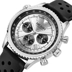 MEGIR 2236 men's chronograph watch, silver case with white dial, sub-dials and black silicone strap, angled view
