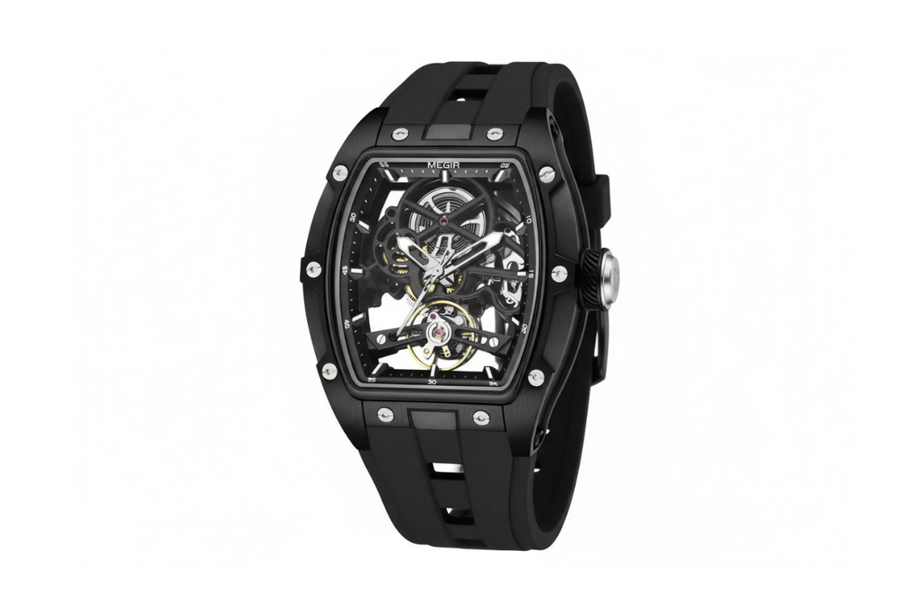 MEGIR 2242 automatic feature graphic showing 3 ATM waterproof and luminous hands skeleton dial