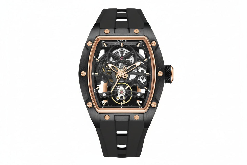 MEGIR 2242 automatic skeleton watch with black dial rose gold accents and black silicone strap front view