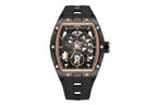 MEGIR 2242 automatic skeleton watch with black dial rose gold accents and black silicone strap front view
