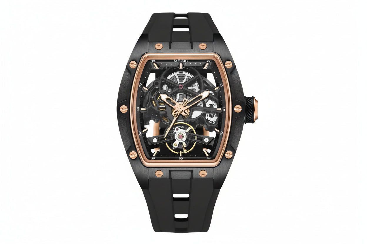 MEGIR 2242 automatic skeleton watch with black dial rose gold accents and black silicone strap front view