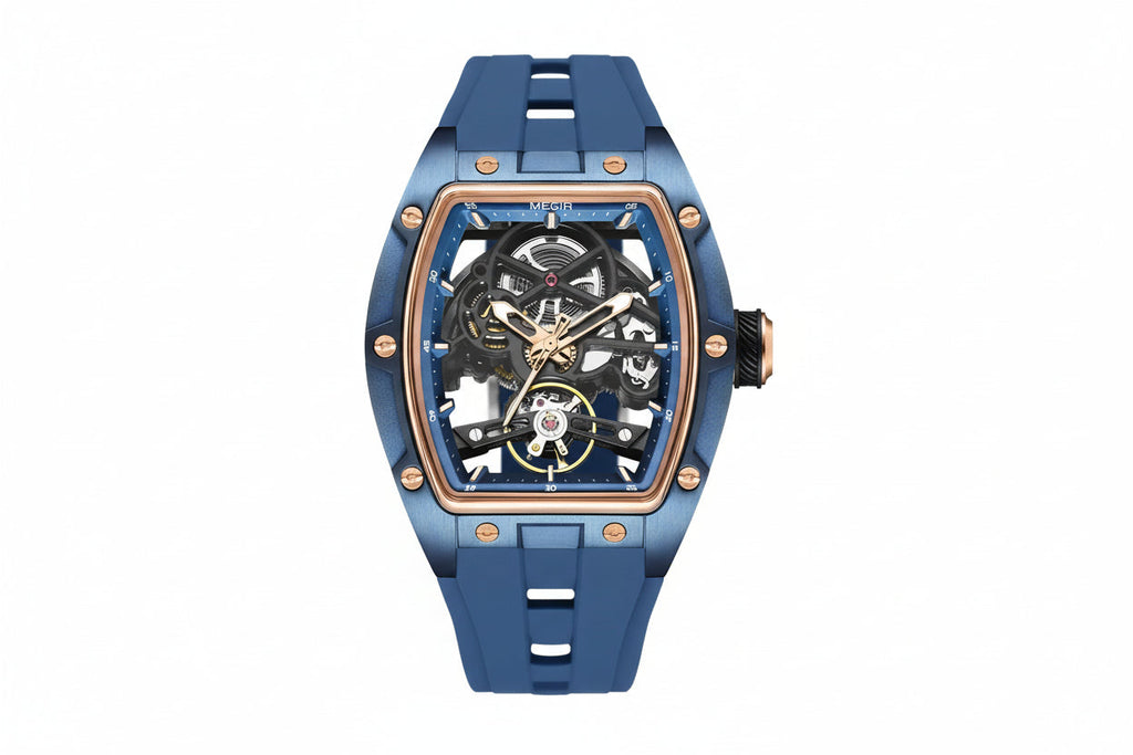 MEGIR 2242 automatic skeleton watch with blue dial rose gold accents and blue silicone strap front view