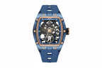 MEGIR 2242 automatic skeleton watch with blue dial rose gold accents and blue silicone strap front view