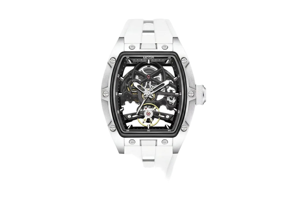 MEGIR 2242 automatic skeleton watch with white dial and white silicone strap side angle view