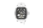 MEGIR 2242 automatic skeleton watch with white dial and white silicone strap side angle view