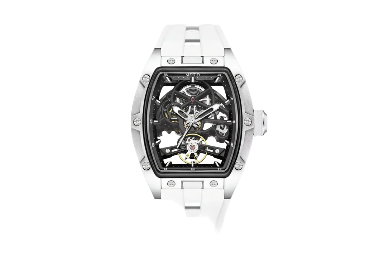 MEGIR 2242 automatic skeleton watch with white dial and white silicone strap side angle view
