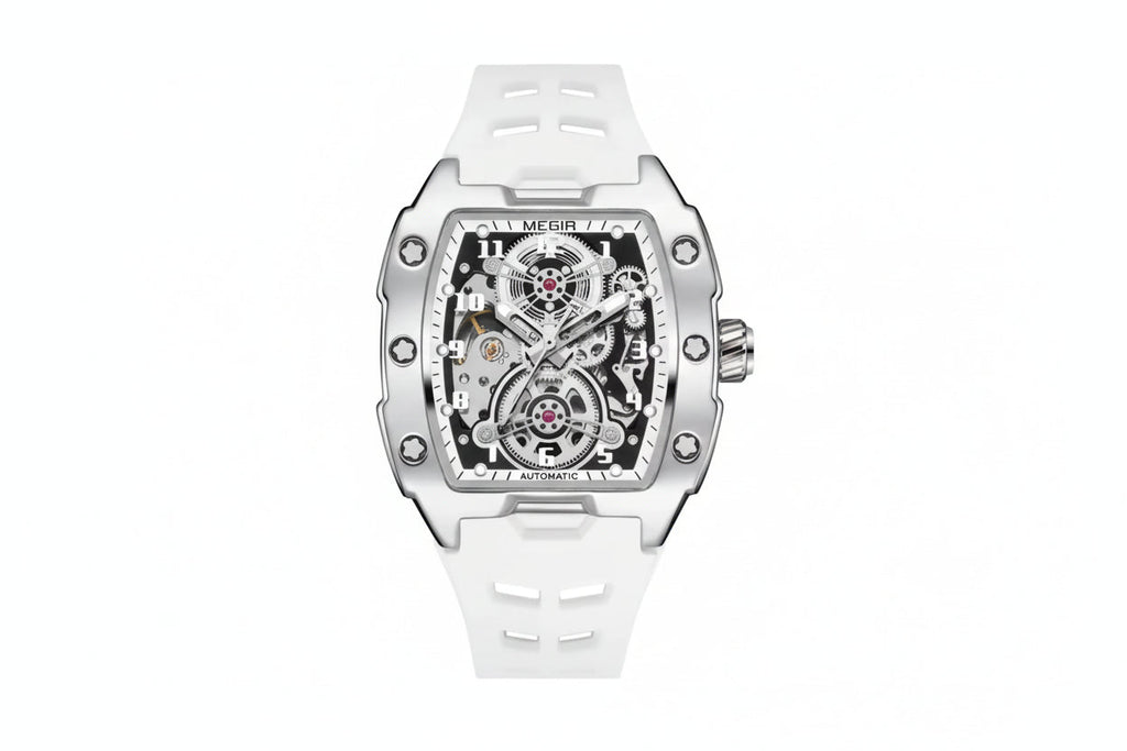 MEGIR 2242 automatic skeleton watch with white dial and white silicone strap front view