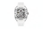 MEGIR 2242 automatic skeleton watch with white dial and white silicone strap front view