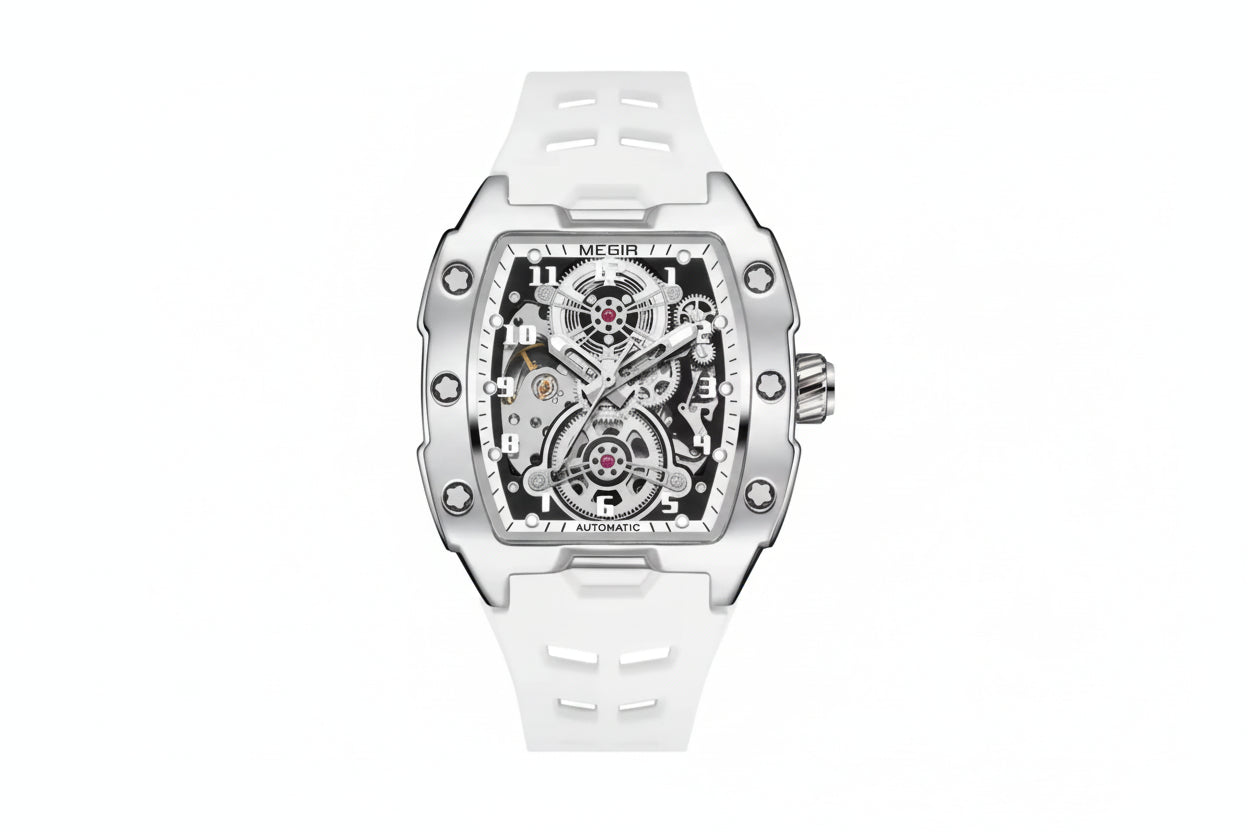 MEGIR 2242 automatic skeleton watch with white dial and white silicone strap front view