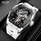 MEGIR 2242 automatic tourbillon men's watch with skeleton dial and white silicone strap