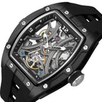 MEGIR 2245 men's skeleton automatic watch, black tonneau case with open dial and black silicone strap, studio view