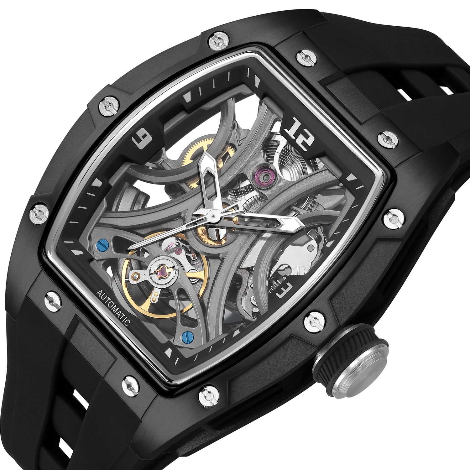 MEGIR 2245 men's skeleton automatic watch, black tonneau case with open dial and black silicone strap, studio view