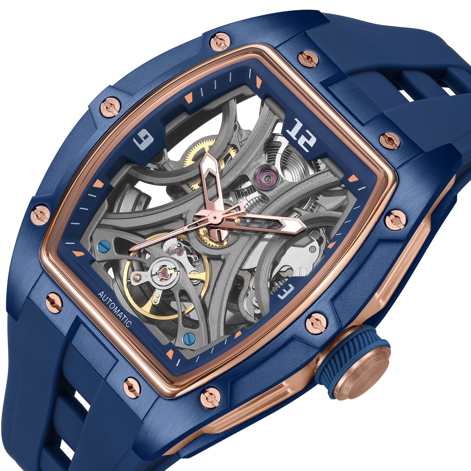 MEGIR 2245 men's skeleton automatic watch, blue tonneau case with rose-gold bezel, open dial and blue strap, studio view