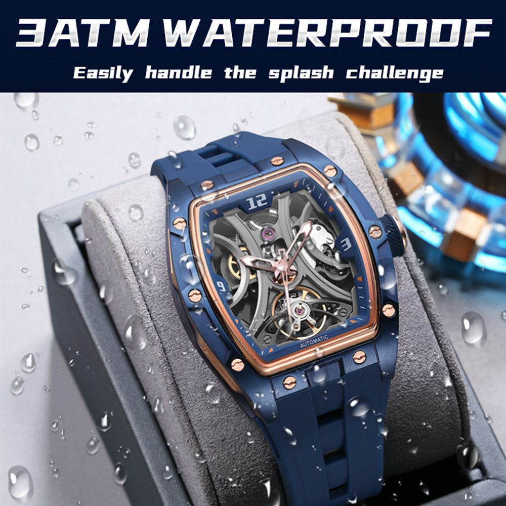MEGIR 2245 men's skeleton automatic watch water-resistance graphic, blue tonneau case with rose-gold bezel and blue strap